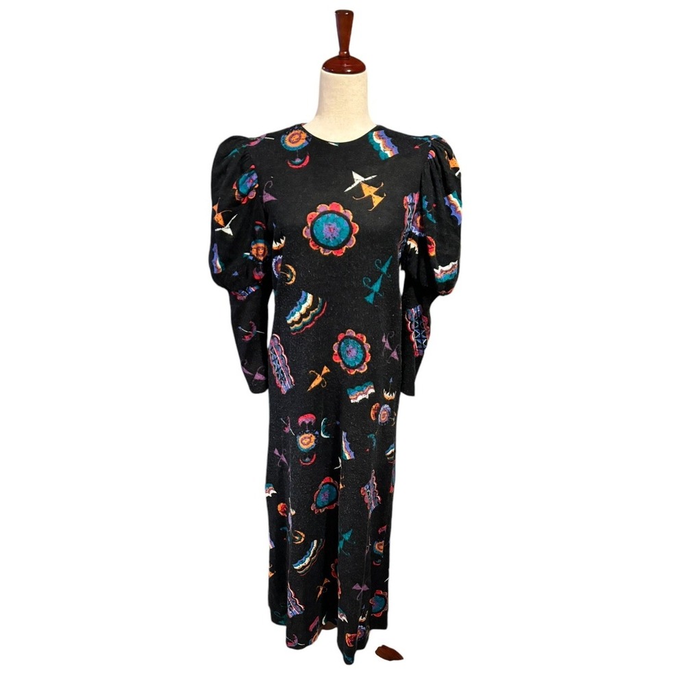 Vtg 70s David Brown Hippie Maxi Dress Gown Black Multicolored Women's S